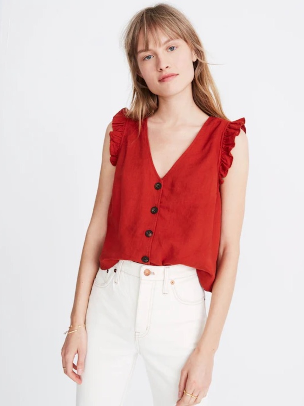 Madewell Linen Blend Ruffle Button Front Tank